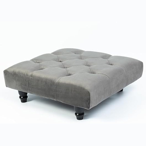 Chesterfield Plush Velvet Footstool – Luxury Padded Seat with Button-Tufted Design, Upholstered Ottoman with Choice of Wooden or Chrome Legs (Available in Multiple Sizes)