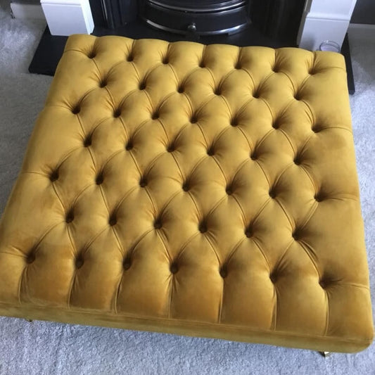 Extra Large Chesterfield Footstool – Plush Velvet Turmeric – Deep Buttoned Ottoman – Coffee Table