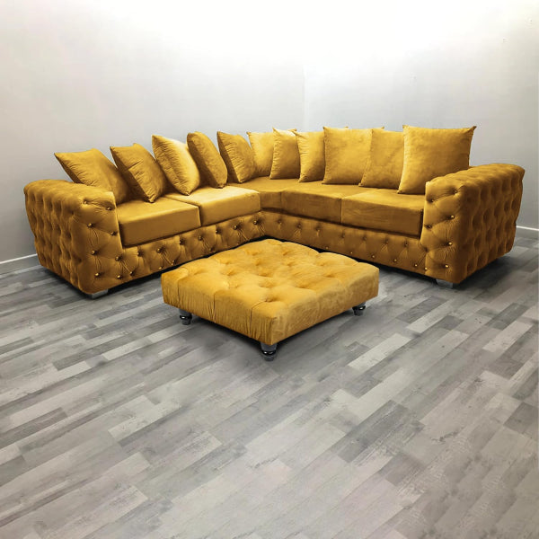 Chesterfield Plush Velvet Footstool – Luxury Padded Seat with Button-Tufted Design, Upholstered Ottoman with Choice of Wooden or Chrome Legs (Available in Multiple Sizes)