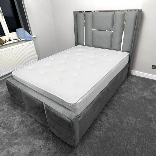 Luxury Bed Chrome / Gold Trim Velvet Bed Frame Ottoman Storage Beds XMAS OFFERS