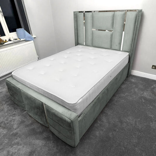 Luxury Bed Chrome / Gold Trim Velvet Bed Frame Ottoman Storage Beds XMAS OFFERS