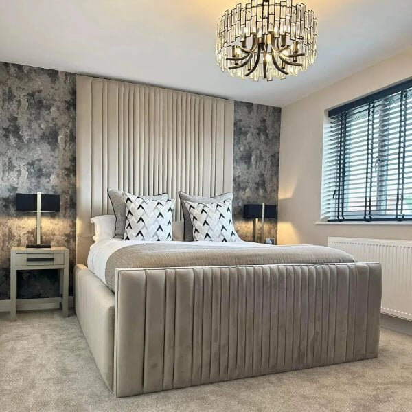 KIMM PANEL VELVET UPHOLSTERED BED FRAME ALL SIZES AVAILABLE