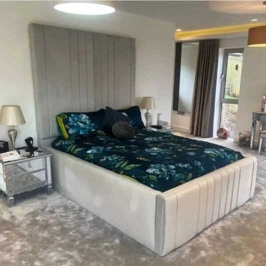 STACY PANEL VELVET UPHOLSTERED BED GASLIFT STORAGE FRAME ALL SIZES AVAILABLE