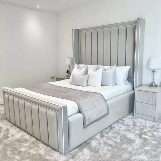 WIHT PIPING EDGE WINGBACK PANEL VELVET UPHOLSTERED BED FRAME ALL SIZES AVAILABLE