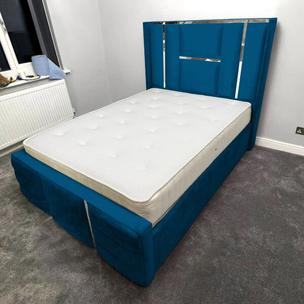 Luxury Bed Chrome / Gold Trim Velvet Bed Frame Ottoman Storage Beds XMAS OFFERS