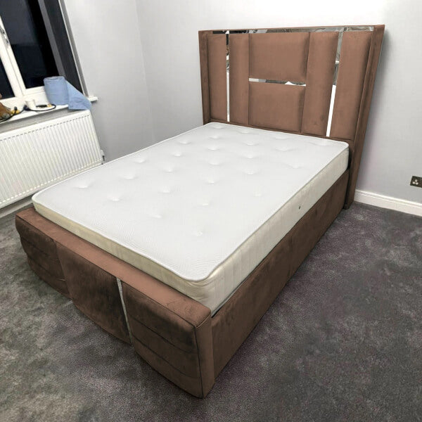 Luxury Bed Chrome / Gold Trim Velvet Bed Frame Ottoman Storage Beds XMAS OFFERS