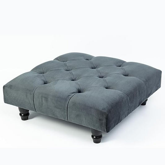 Chesterfield Plush Velvet Footstool – Luxury Padded Seat with Button-Tufted Design, Upholstered Ottoman with Choice of Wooden or Chrome Legs (Available in Multiple Sizes)