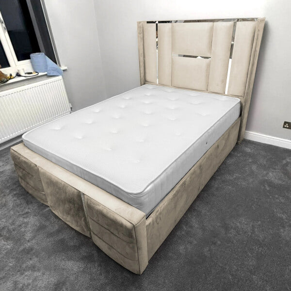 Luxury Bed Chrome / Gold Trim Velvet Bed Frame Ottoman Storage Beds XMAS OFFERS