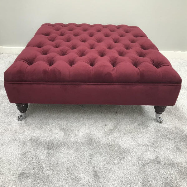 Extra Large Chesterfield Footstool - Plush velvet Burgundy - Deep Buttoned Ottoman - Coffee Table