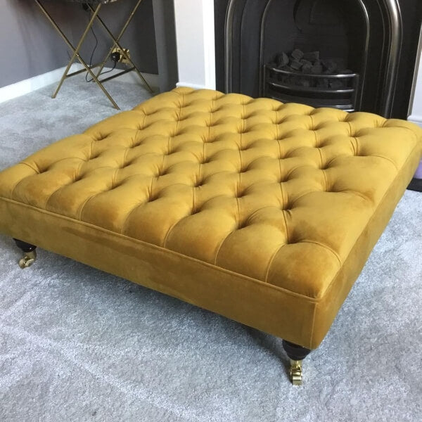 Extra Large Chesterfield Footstool – Plush Velvet Turmeric – Deep Buttoned Ottoman – Coffee Table