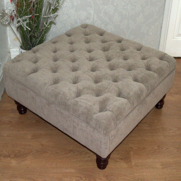 Handcrafted Chesterfield Square Footstool – Deep Buttoned Velvet Ottoman with Solid Wood Legs