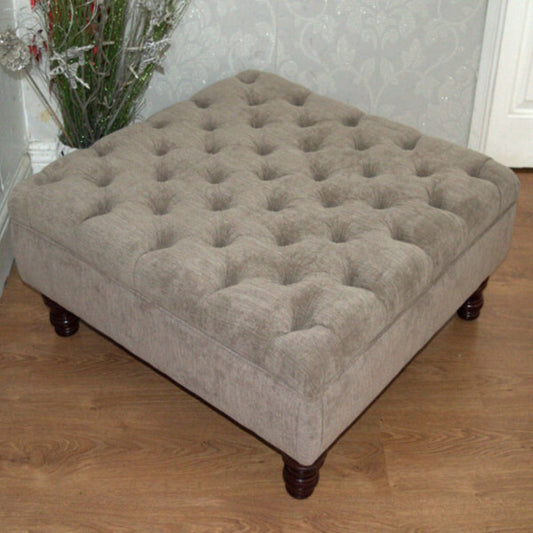 Handcrafted Chesterfield Square Footstool – Deep Buttoned Velvet Ottoman with Solid Wood Legs