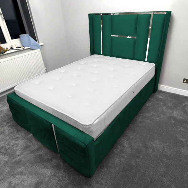 Luxury Bed Chrome / Gold Trim Velvet Bed Frame Ottoman Storage Beds XMAS OFFERS