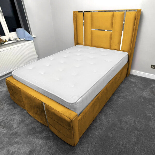 Luxury Bed Chrome / Gold Trim Velvet Bed Frame Ottoman Storage Beds XMAS OFFERS