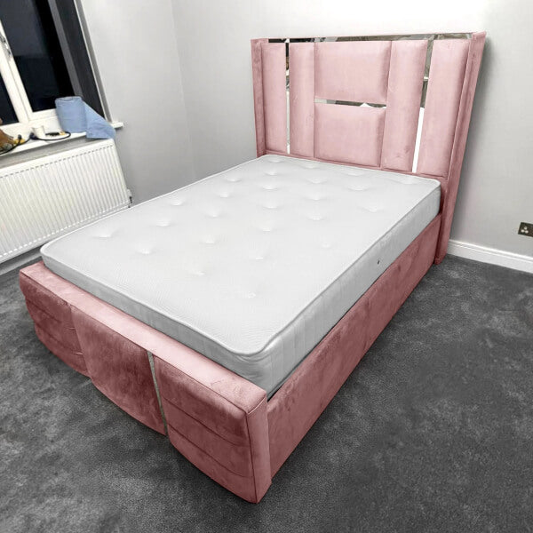 Luxury Bed Chrome / Gold Trim Velvet Bed Frame Ottoman Storage Beds XMAS OFFERS