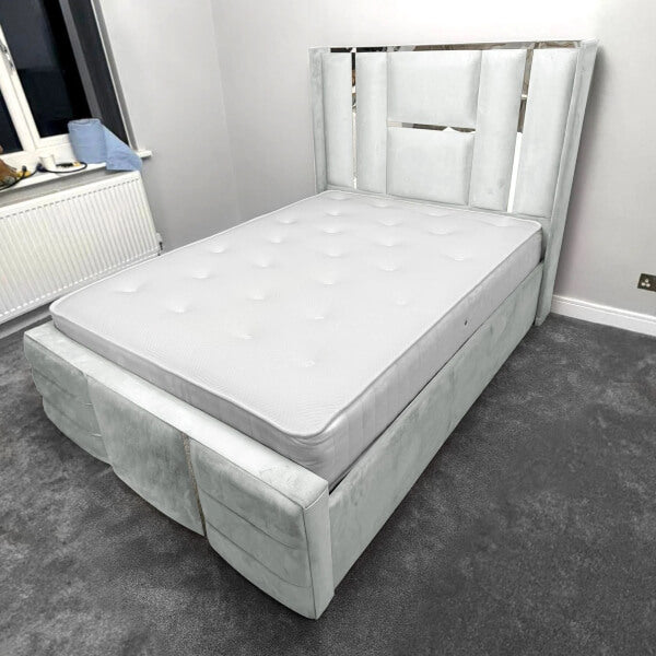 Luxury Bed Chrome / Gold Trim Velvet Bed Frame Ottoman Storage Beds XMAS OFFERS