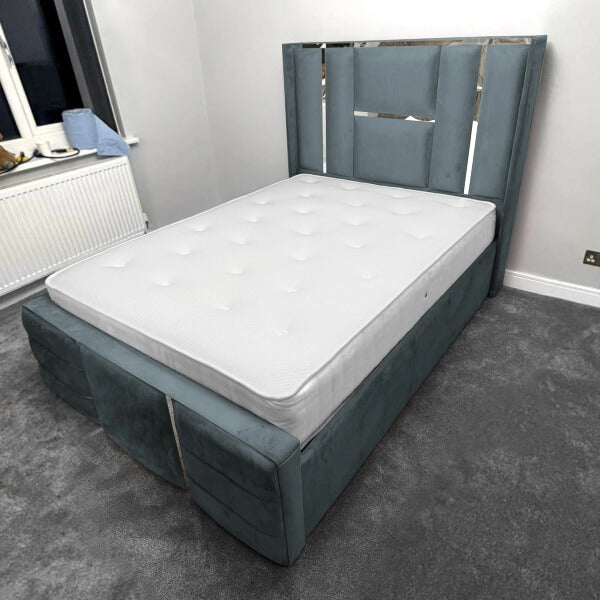 Luxury Bed Chrome / Gold Trim Velvet Bed Frame Ottoman Storage Beds XMAS OFFERS