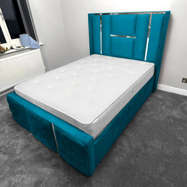 Luxury Bed Chrome / Gold Trim Velvet Bed Frame Ottoman Storage Beds XMAS OFFERS