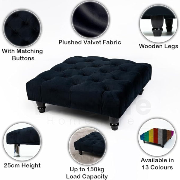 Chesterfield Footstool Coffee Table Footrest Plush Velvet Fabric & Deep Matching Buttons Upholstered Pouffe Strong and Durable Footstool 40cm (L) x 40cm (W) x 15cm (H)