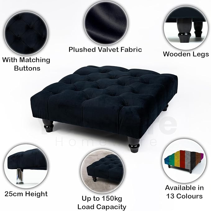 Chesterfield Footstool Coffee Table Footrest Plush Velvet Fabric & Deep Matching Buttons Upholstered Pouffe Strong and Durable Footstool 50cm (L) x 50cm (W) x 15cm (H)