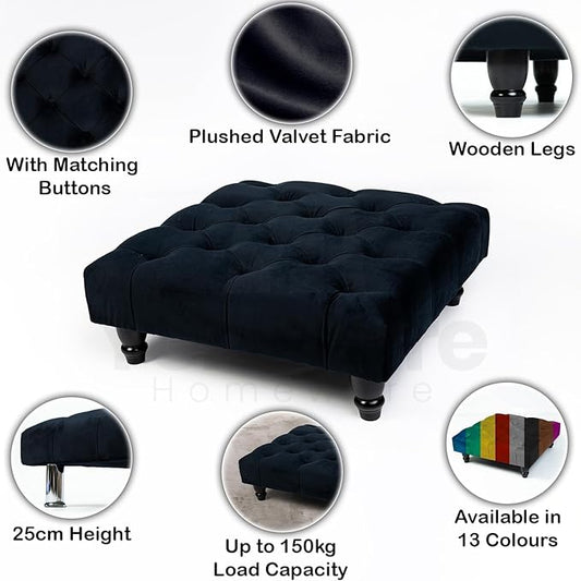 Chesterfield Footstool Coffee Table Footrest Plush Velvet Fabric & Deep Matching Buttons Upholstered Pouffe Strong and Durable Footstool 50cm (L) x 50cm (W) x 15cm (H)